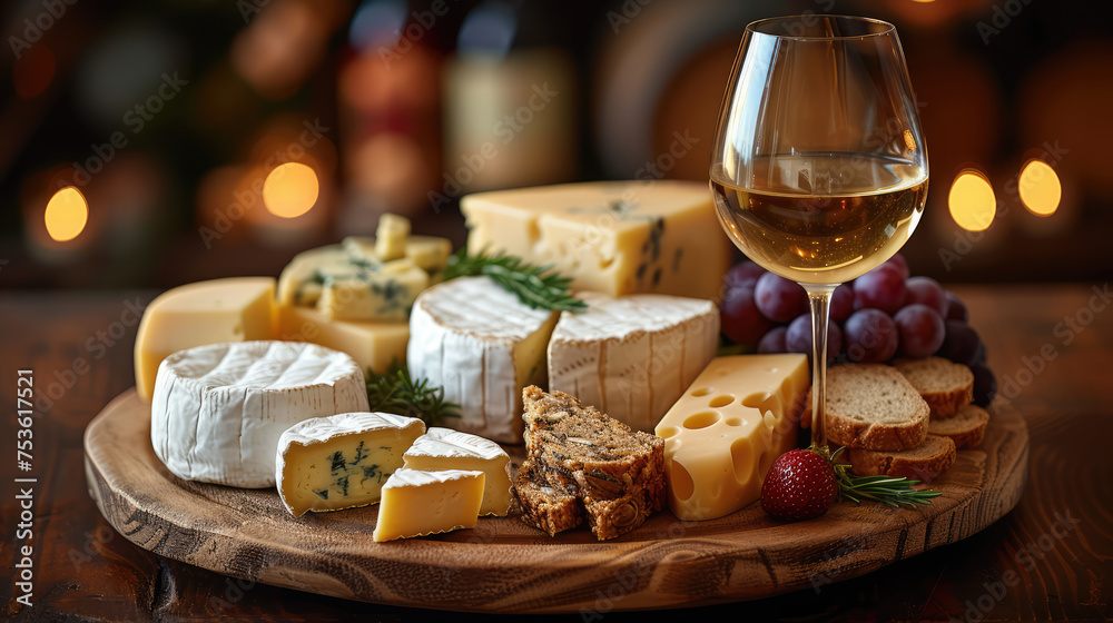  An elegant cheese platter with a variety of gourmet cheeses, grapes, and crusty bread, accompanied by a glass of white wine against a softly lit backdrop.
