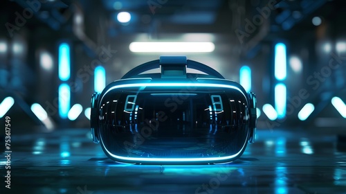 A virtual reality headset rests on a reflective surface, surrounded by neon blue lights in a futuristic setting.