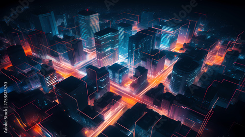 High angle view of city at night with skyscrapers and large buildings