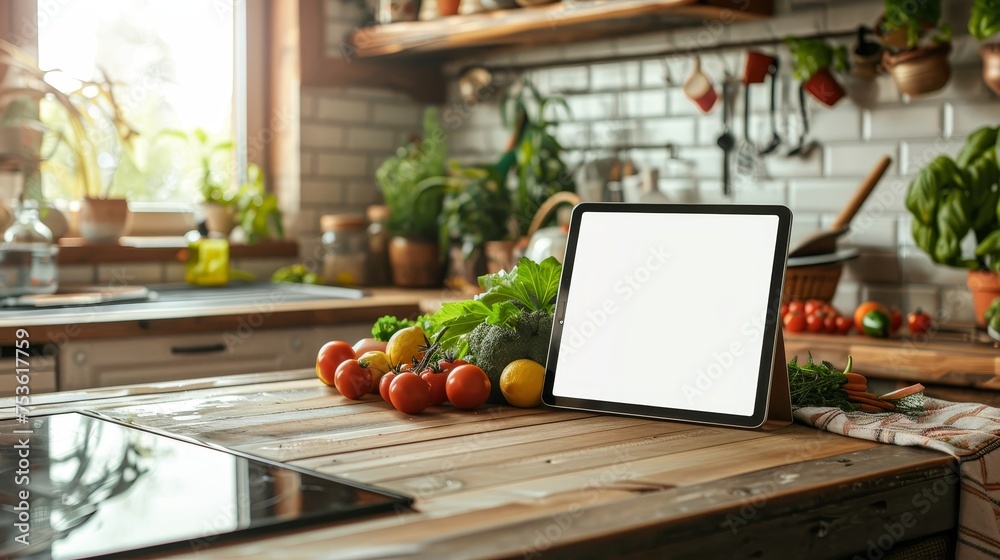 A tablet stands on a wooden kitchen counter, surrounded by an abundance of fresh vegetables, in a sunlit cozy kitchen setting. - obrazy, fototapety, plakaty 