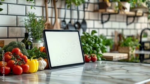 A digital tablet stands on a kitchen countertop amidst an array of fresh vegetables, ready for a cooking session in a contemporary home kitchen.