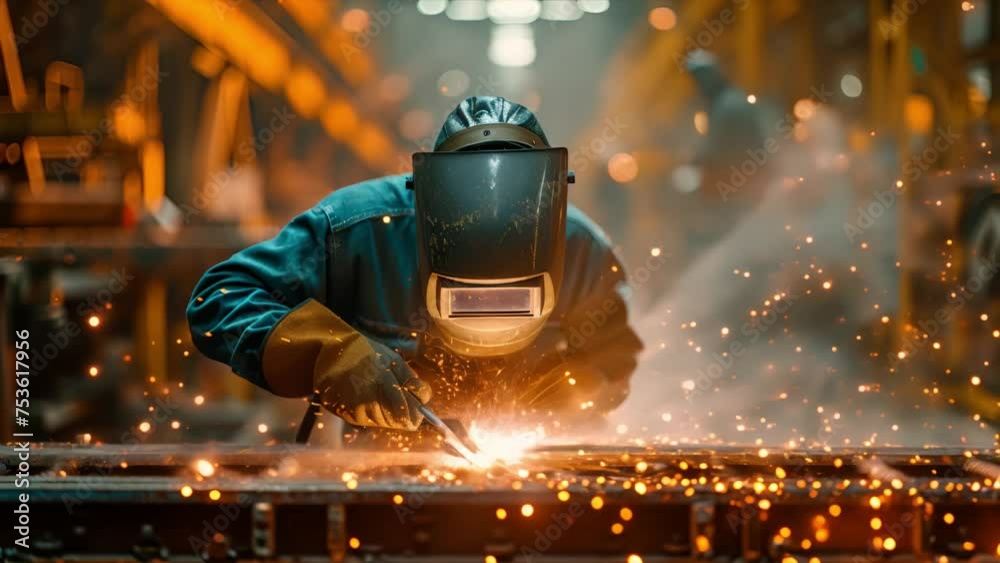 A welder in protective gear is performing welding work with sparks flying in an industrial setting. Industrial Welder at Work in a Manufacturing Plant
