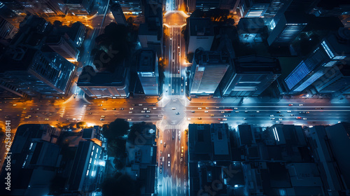 High angle view of city at night with skyscrapers and large buildings