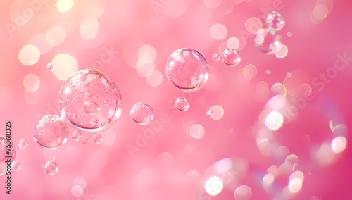 Water bubbles in varying sizes float against a soft pink backdrop, creating a sparkling bokeh effect