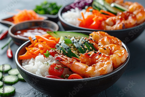 Hawaiian poke bowls on the table with shrimps or prawns, seafood, salad, cucumbers tomatoes rice, fish with sauce.