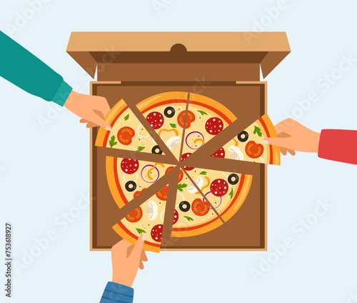 People hands taking triangle pizza slices from box on table. Top view of Italian fast food at corporate party. Hungry friends eating fast food together. Vector illustration.