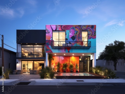 A modern house situated within a vibrant arts district