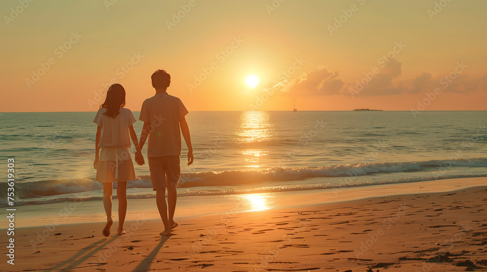 Romantic Sunset Stroll: Asian Couple Walking Hand-in-Hand on Beach, Perfect for Wedding Announcements or Vacation Brochures