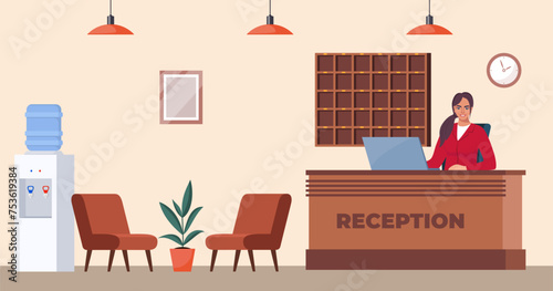 Hotel reception with computer and woman receptionist, flower in pot, clocks on wall. Modern Inn foyer, hall or lobby. Tourism, business trip concept. Vector illustration.