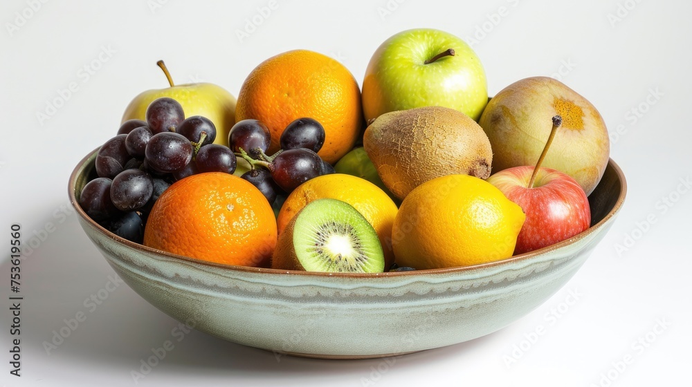 Assorted fruits in a ceramic bowl on white background