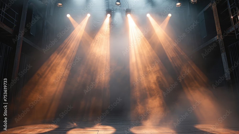 Dramatic stage lighting with beams of light cutting through the dark, creating an atmospheric scene on an empty stage.