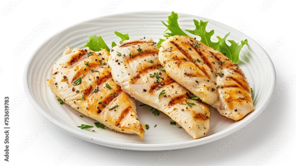 Grilled chicken breasts with parsley on white plate over white background