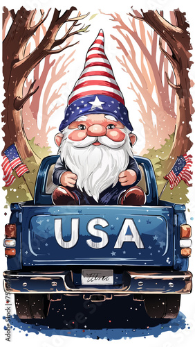  gnome on a pick up car in the colors of the usa flag