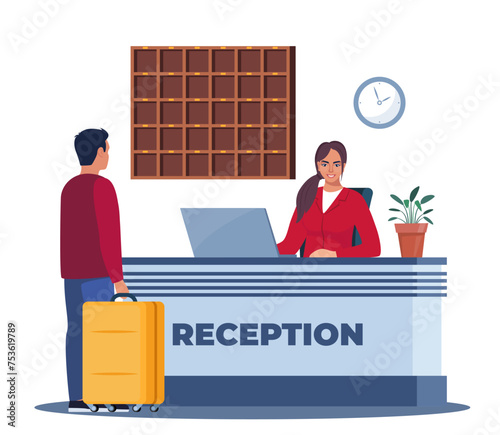 Hotel lobby, reception. Woman receptionist behind the desk, guest with baggage checking in. Hotel Arriving. Tourism, business trip concept. Interior of inn. Vector illustration.