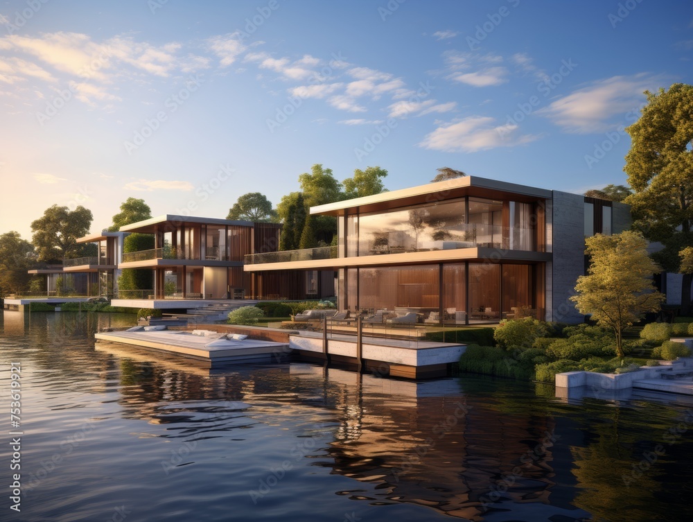 A modern waterfront residence, with the house situated along the banks of a bustling river