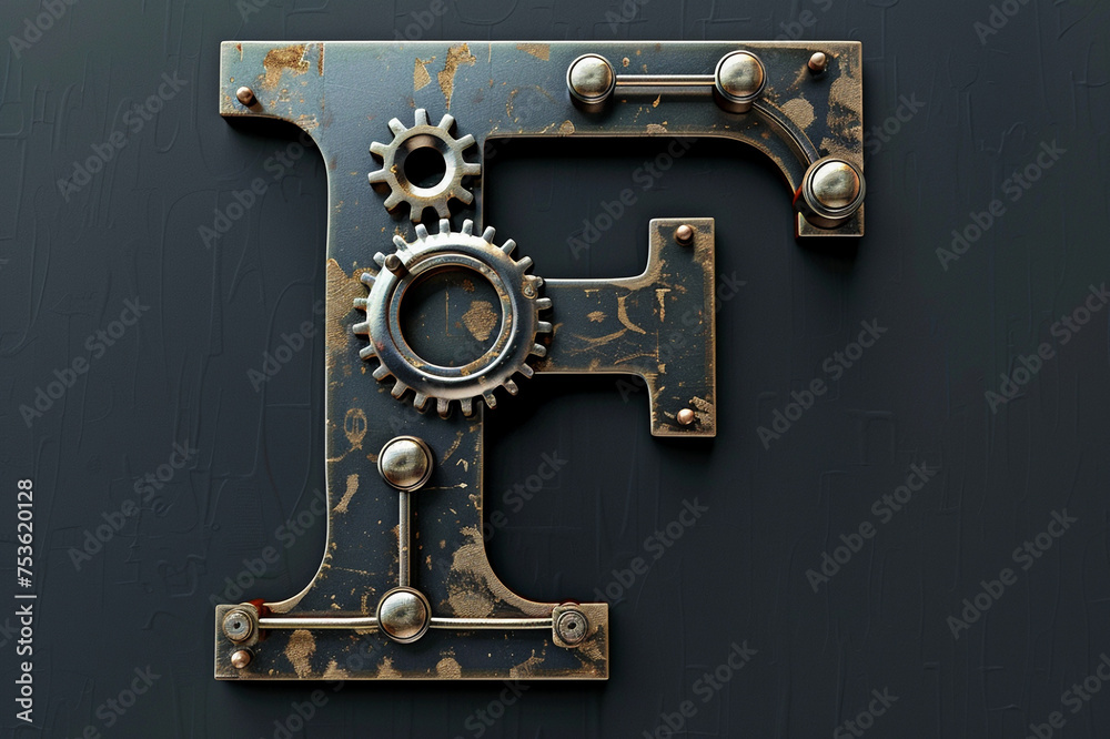 Metallic steampunk alphabet with gears and rivets isolated on black background, capital letter F with 3D rendering and metal texture, creative retro abc for poster, wallpaper, movie. 
