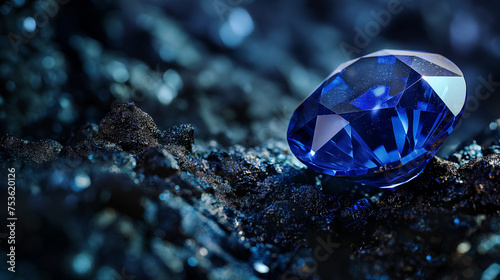 Brilliant blue gem on sparkling surface.