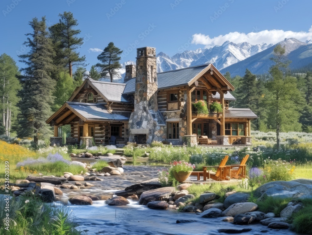Obraz premium A ranch house nestled in the foothills of snow-capped mountains