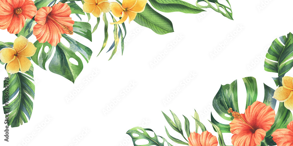 Tropical palm leaves, monstera and flowers of plumeria, hibiscus, bright juicy. Hand drawn watercolor botanical illustration. Template, frame isolated from the background. Tropical palm leaves, monstera and flowers of plumeria, hibiscus, bright juicy. Hand drawn watercolor botanical illustration. Template, frame isolated from the background.