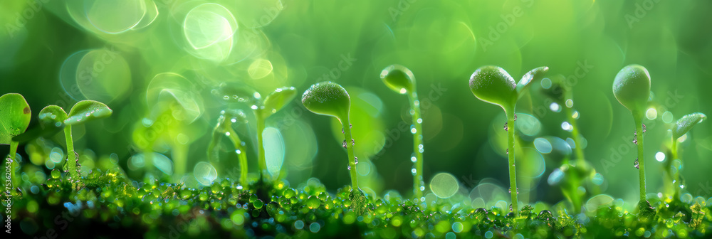 Saplings sprouting with morning dew. Saplings sprouting with morning dew.