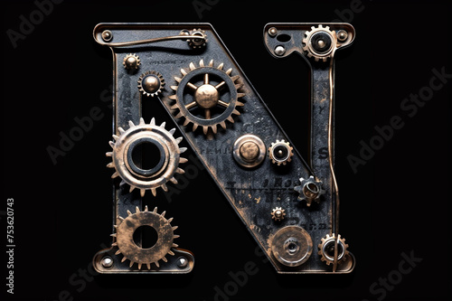 Metallic steampunk alphabet with gears and rivets isolated on black background, capital letter N with 3D rendering and metal texture, creative retro abc for poster, wallpaper, movie. 