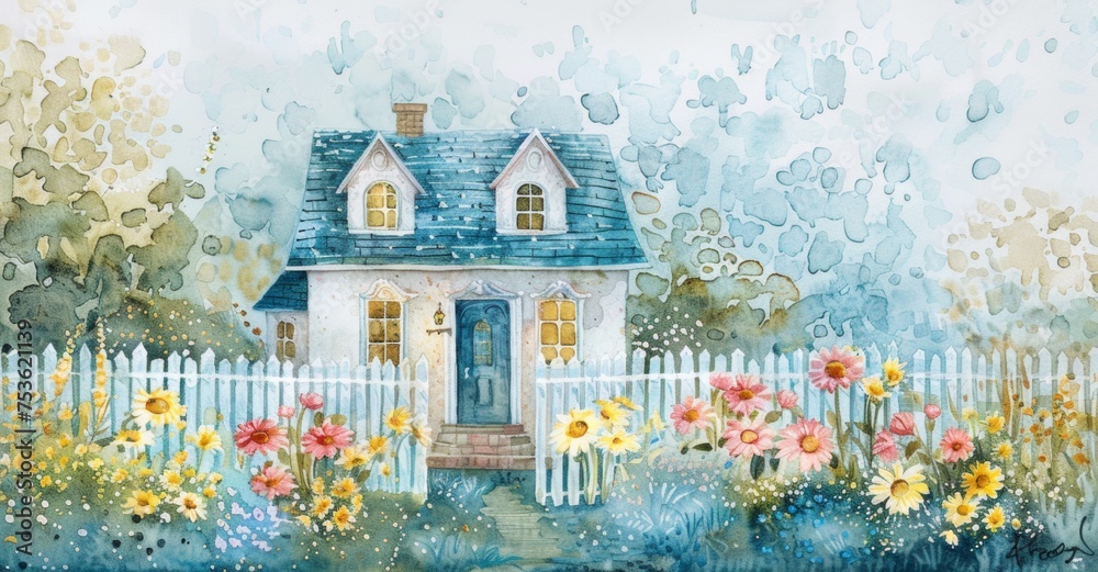 Obraz premium A charming watercolor painting featuring a house surrounded by a fence and colorful flowers.