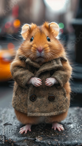 Stylish hamster navigates city streets with tailored finesse  embodying street style. The realistic urban backdrop frames this fashionable rodent  seamlessly merging small-scale charm with contemporar