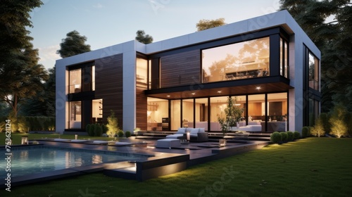 A sleek and minimalist modern house with floor-to-ceiling windows © Boinah