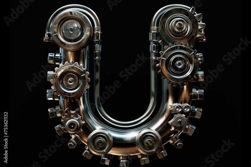 Metallic steampunk alphabet with gears and rivets isolated on black background  capital letter U with 3D rendering and metal texture  creative retro abc for poster  wallpaper  movie.  