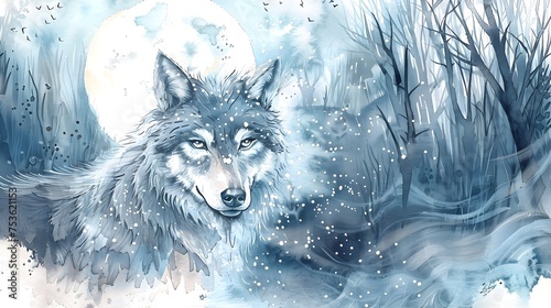 Watercolor Wolf Illustration in Winter Night