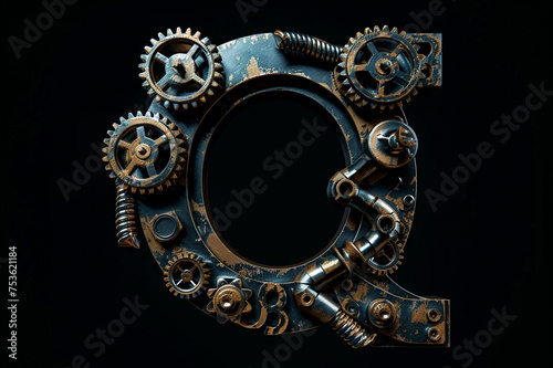 Metallic steampunk alphabet with gears and rivets isolated on black background, capital letter Q with 3D rendering and metal texture, creative retro abc for poster, wallpaper, movie. 