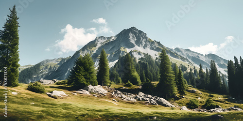 swiss mountains in the summer, Mountain landscape with forest and blue sky panoramic view, iew of lush alpine meadow with snowcapped peaks in the distance, Generative AI photo
