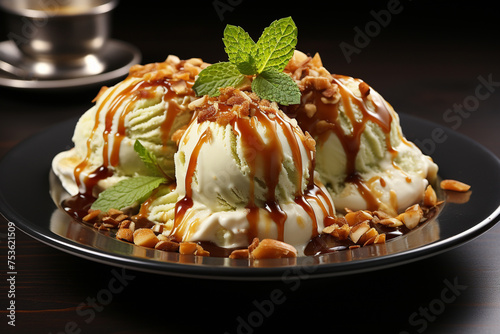 Pistachio ice cream with waffles and pistachios. Generative AI.