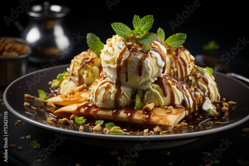 Pistachio ice cream with waffles and pistachios. Generative AI.