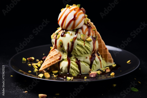 Pistachio ice cream with waffles and pistachios. Generative AI.