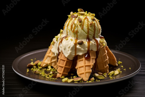 Pistachio ice cream with waffles and pistachios. Generative AI.