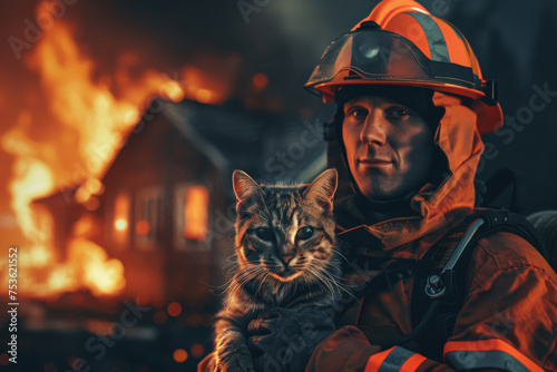A fireman holds a saved scared cat in his arms. Burning house in the background.