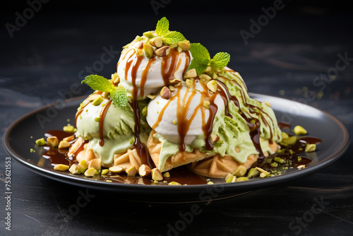 Pistachio ice cream with waffles and pistachios. Generative AI.