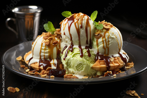 Pistachio ice cream with waffles and pistachios. Generative AI.