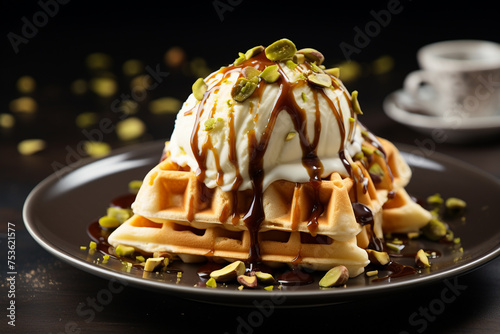 Pistachio ice cream with waffles and pistachios. Generative AI.