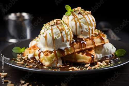 Pistachio ice cream with waffles and pistachios. Generative AI.
