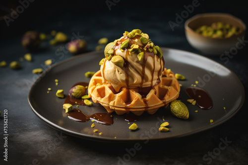 Pistachio ice cream with waffles and pistachios. Generative AI.