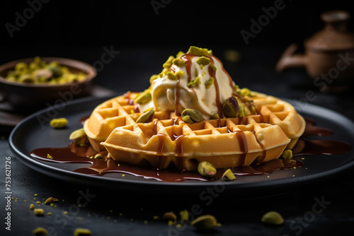 Pistachio ice cream with waffles and pistachios. Generative AI.