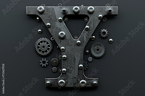 Metallic steampunk alphabet with gears and rivets isolated on black background, capital letter Y with 3D rendering and metal texture, creative retro abc for poster, wallpaper, movie. 
