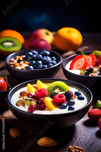 smoothie bowls garnished with vibrant fresh fruits and an assortment of nuts