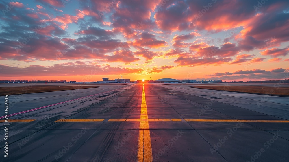 Naklejka premium Airport Runway with Colorful Sky. Vibrant sunset skies over an airport runway, highlighting the golden hour with reflections on the tarmac and a feeling of wanderlust.