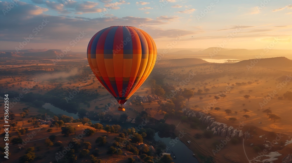 Obraz premium Early morning hot air balloon flight over serene valleys and a winding river, under a soft sunrise sky.
