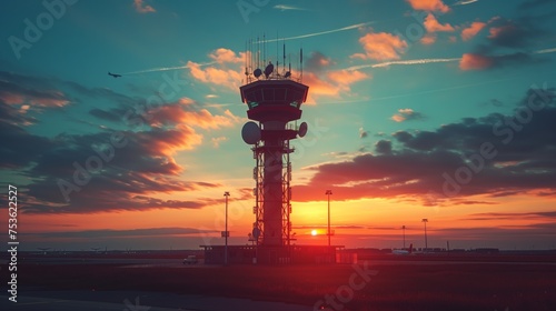 Air traffic control tower. The silhouette of an air traffic control tower stands against a dramatic sunset sky, with an airplane visible in the distance.
