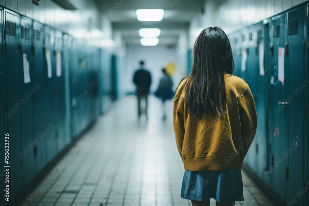 Girl from back in school corridor. Teenage problems concept Girl from back in school corridor. Teenage problems concept