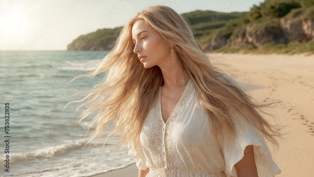 Young blonde tourist walking along the beach shore with long hair blowing in the wind. Long blonde hair woman on vacation breathing fresh sea air Young blonde tourist walking along the beach shore with long hair blowing in the wind. Long blonde hair woman on vacation breathing fresh sea air